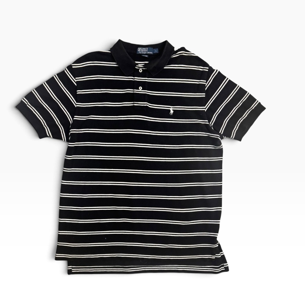 Polo Ralph Lauren Mens Large Black White Striped Short Sleeve Cotton Polo Shirt